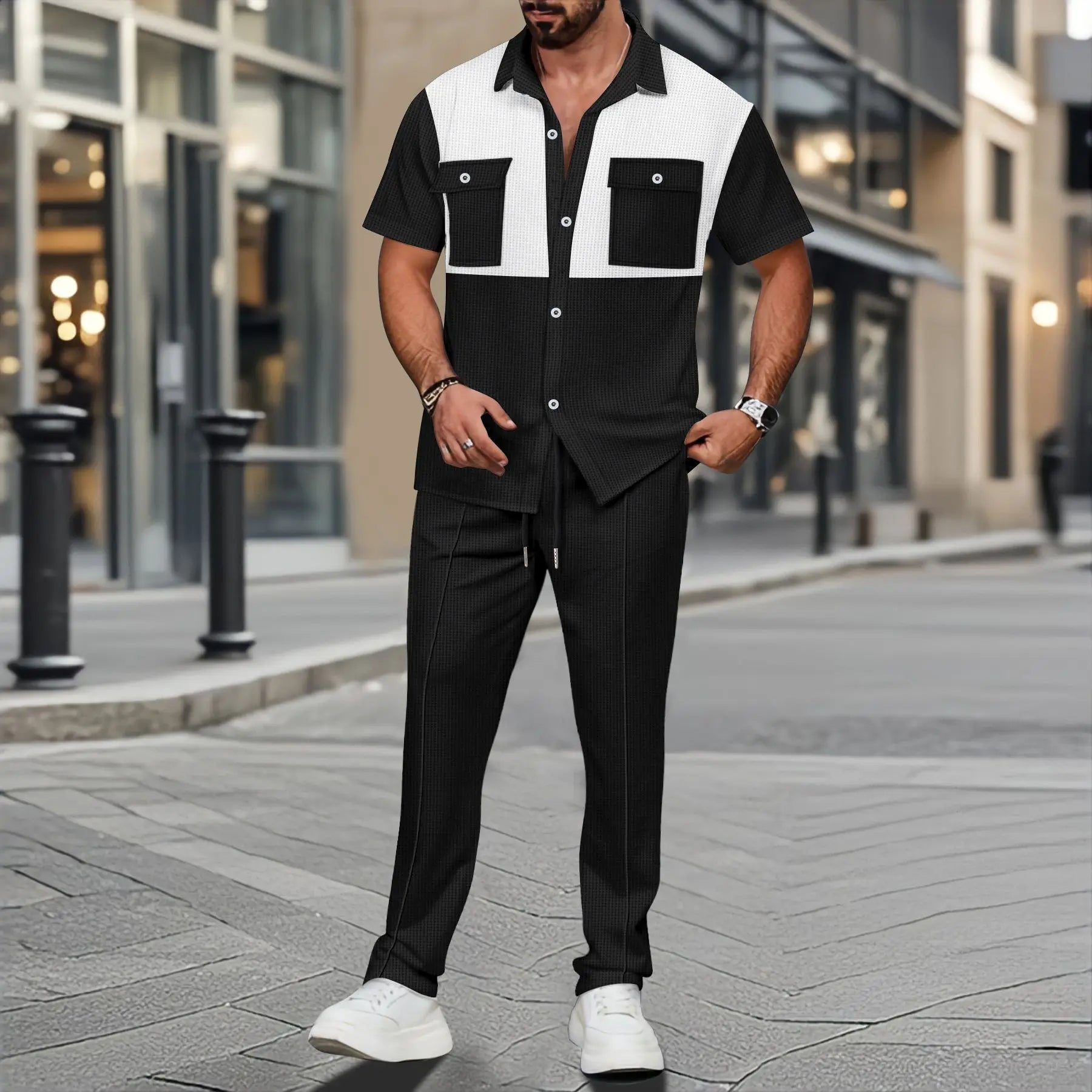 2025 Summer New Men Light Ripe Casual solid Color Button Pocket Fashion Waffle trend Shirt Short-Sleeved Trousers Two-piece Set.