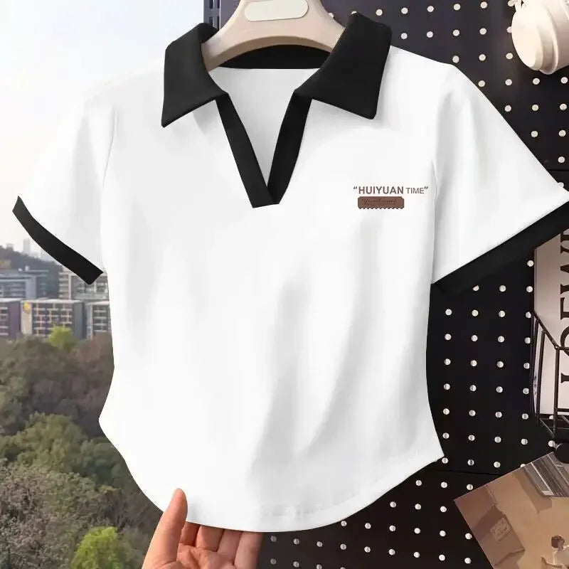 Color Block Polo Neck Short Sleeve T-Shirt Women's Fashion Summer Top plus Size Small Figure Friendly Cotton Blend T-Shirt.