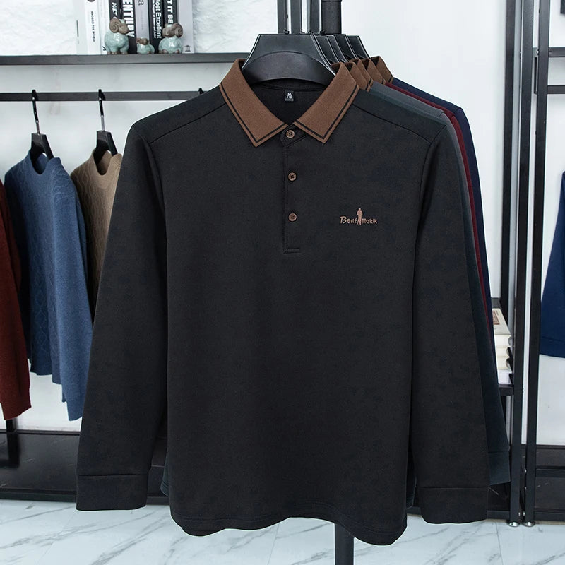Men's Polo Shirt Long Sleeve Luxury Brand Autumn Winter Lapel Collar Button Business Casual Classic Office Warm T-shirt Menswear.