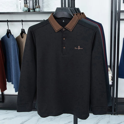 Men's Polo Shirt Long Sleeve Luxury Brand Autumn Winter Lapel Collar Button Business Casual Classic Office Warm T-shirt Menswear.