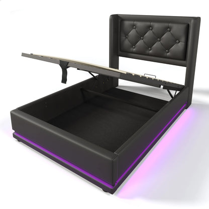 KOMHTOM PU-Material Hydraulisches Stauraumbett, mit USB Typ-C Ladefunktion, 3-seitige LED-Funktion, ohne Matratze