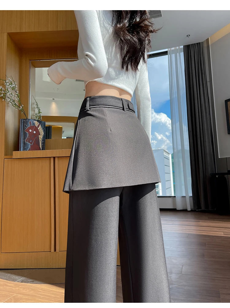 Design Style Fake Two-piece Curtain Suit Pants Women Fall High Waisted Wide Leg Trouser Office Ladies High Quality Straight Pant.