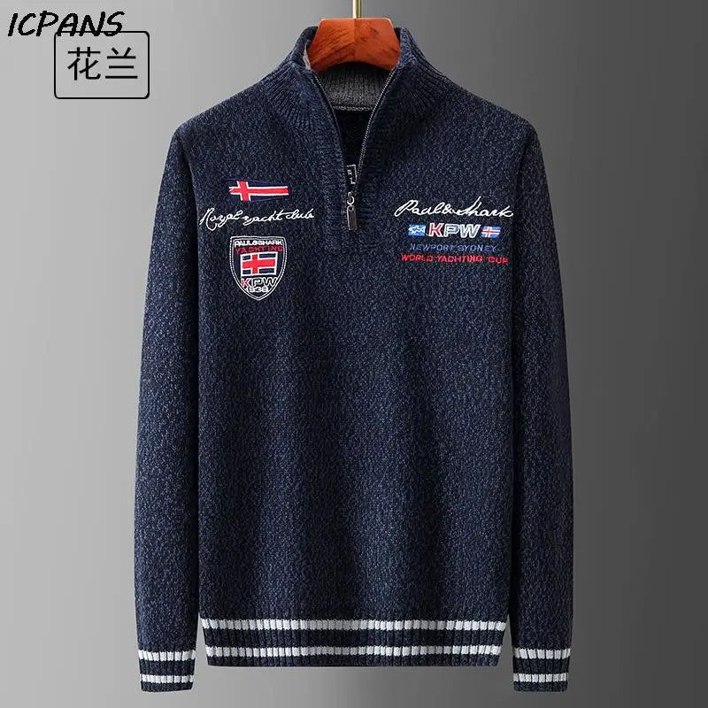Autumn Sweater Male Shark Clothing Cotton Wool Jumpers Pullover Coats Jacquard Christmas Knitted Half Turtleneck zip.