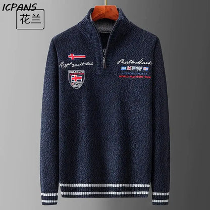 Autumn Sweater Male Shark Clothing Cotton Wool Jumpers Pullover Coats Jacquard Christmas Knitted Half Turtleneck zip.