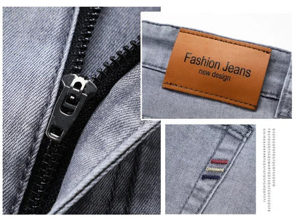 Summer Thin Men's Elastic Cotton Jeans Fashion Gray Comfortable Business Straight Casual Pants Brand Male Clothes Trousers.