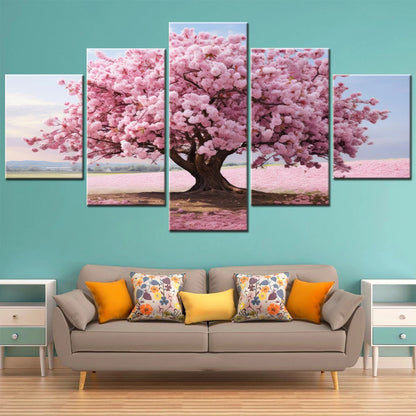 5 Piece HD Printed Home Decor Canvas Art Blossoming Pink Flowering Tree Painting Modular Wall Picture for Room Salon Decoration.