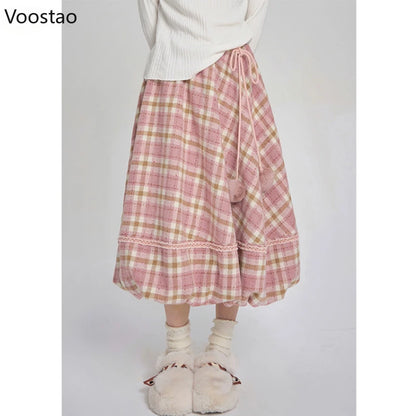 Pink Plaid Vintage Skirt Autumn Winter Women Preppy Style Chic Plush Ball Elegant Midi Skirt Korean Female Y2k A-Line Skirts.