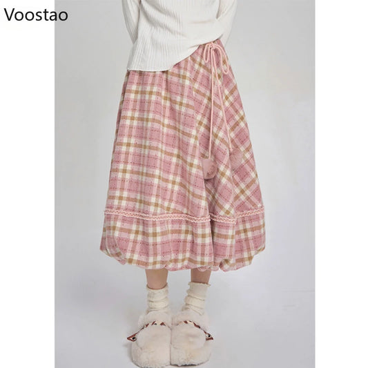 Pink Plaid Vintage Skirt Autumn Winter Women Preppy Style Chic Plush Ball Elegant Midi Skirt Korean Female Y2k A-Line Skirts.