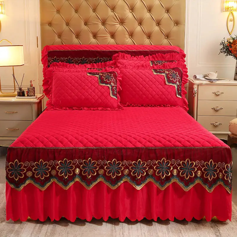 European Luxury Quilted Bed Skirt Winter Warm Thicken Velvet Bedspread King Good Hand Feeling Bed Skirt Not Included Pillowcase