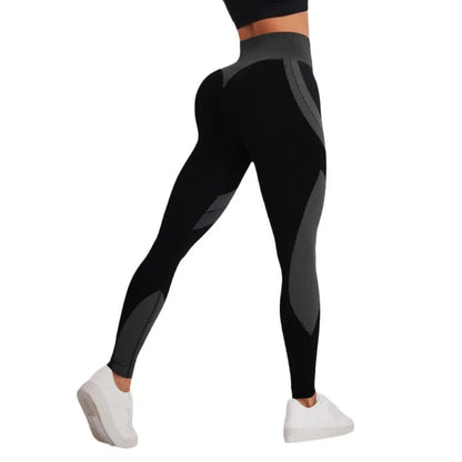 Seamless Breathable High Waisted Contrasting Yoga Pants Women Tight Fitting Hip Lifting Black Long Striped Sports Yoga Leggings.