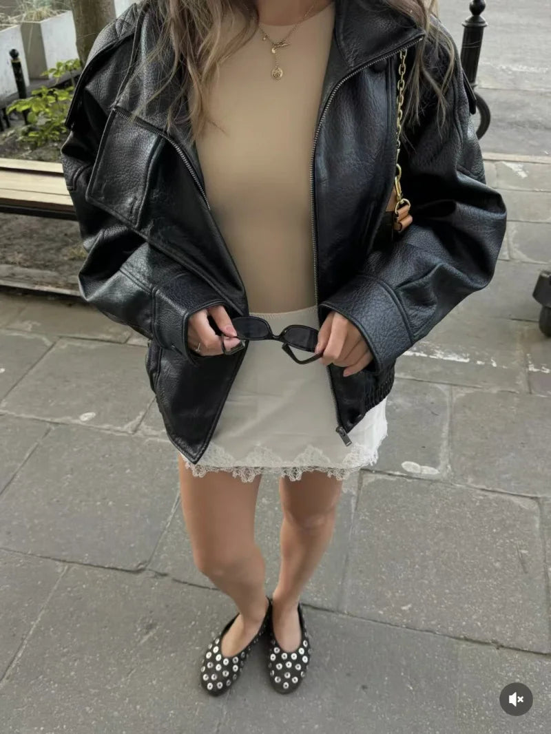 ETJ 2025 neue Damenmode, lockere Version der Stehkragen-Kunstlederjacke, Streetstyle, coole, hübsche Lederjacke