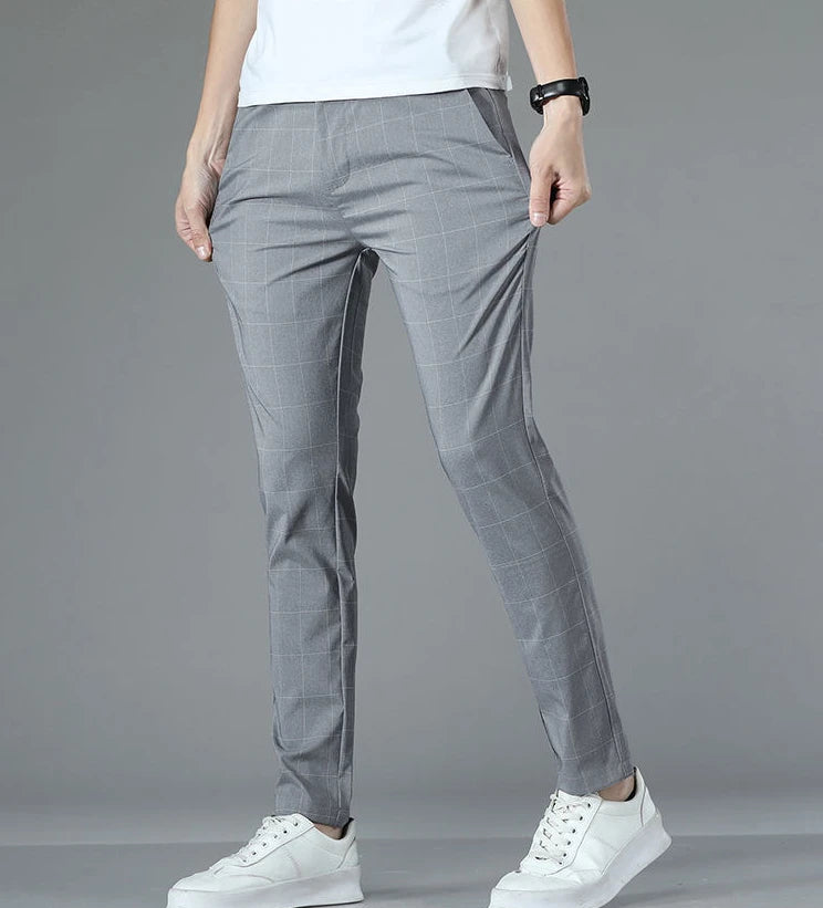Male Suit Trousers Check Cooling Ice Silk Plaid Straight Up Clothes Offer Slacks Designer Men's Summer Pants Fabric 2025 Classic.