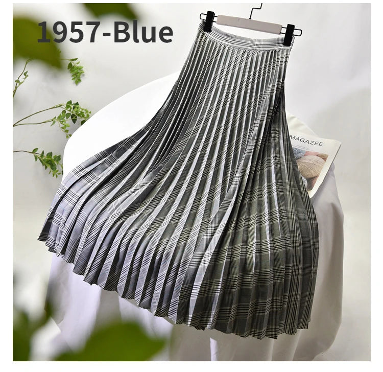 Looks Thin Pleated Skirt 2025 New High Waist A-line Skirt Mid-length Big Size Plaid Skirt Long Pleated Skirt Length 75-90cm