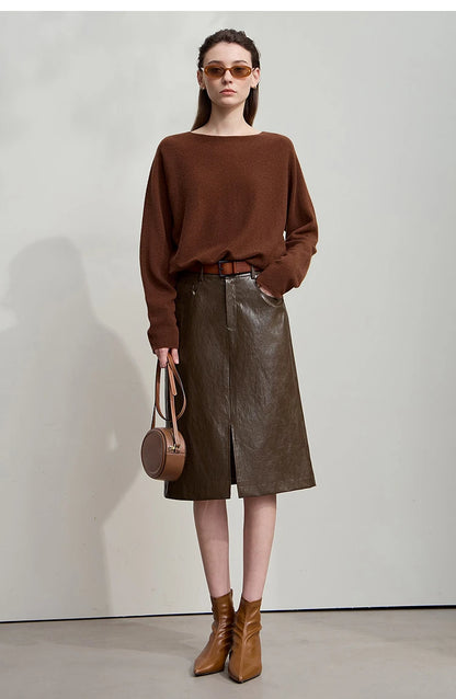 AMII Minimalist PU Leather Skirt For Women 2025 American Retro Knee-Length Skirt Solid Basics Business Women's Clothing 12553014