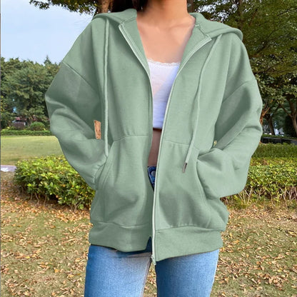 Herbst Fleece Hoodie Einfarbig Mit Kapuze Koreanische Mode Sweatshirts Langarm Top Kordelzug Taschen Lose Zipper Schwarz Hoodies