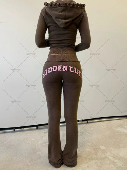 2025 Hip-hop Street Fashion Sports Suit New Letter Embroidery Brown Zipper Hoodie Casual American Loose Straight Pants Women.