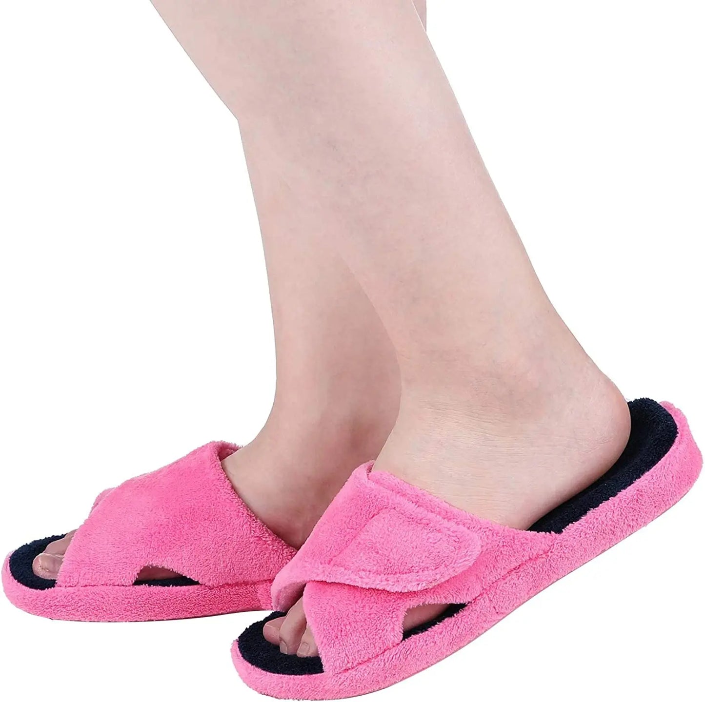 Comwarm Fuzzy House Slippers For Women New Terry Cloth Arch Support Cotton Slippers Four Seasons Open Toe Indoor Flat Slippers.