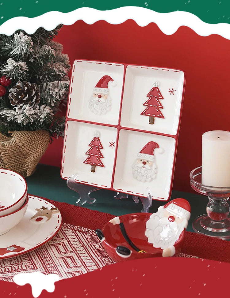 Nordic Stitching Santa Claus Dishes Plates Tableware Set Embossed Sealed Jar Seasoning Jar Western Ceramic Flat Plate Cup