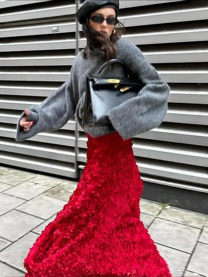 Bornladies Winter Red Fashion Long Petal Skirt Women's Design Inspired Evening Gown Elegant Lady Unique High Waisted Skirt.