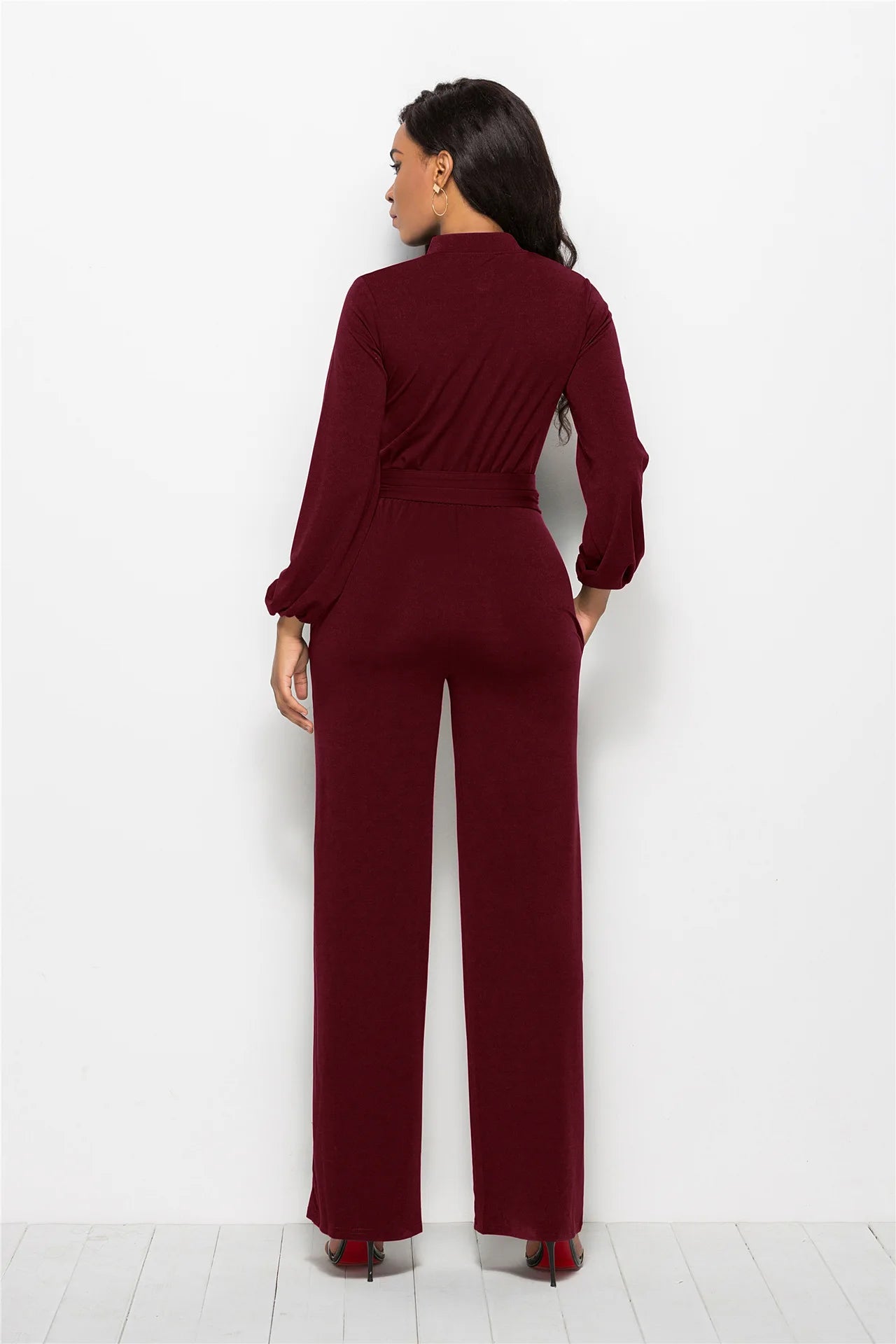 Temperament Solid Color Slim Jumpsuits Women Fashion Long Sleeve Buttons High Waist Leace-up Jumpsuit Ladies Commuting Clothing