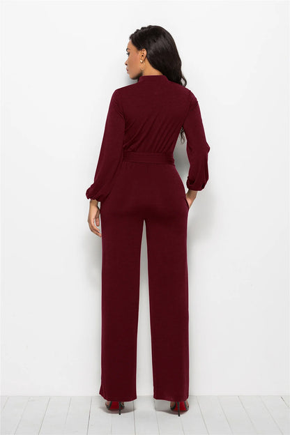 Temperament Solid Color Slim Jumpsuits Women Fashion Long Sleeve Buttons High Waist Leace-up Jumpsuit Ladies Commuting Clothing