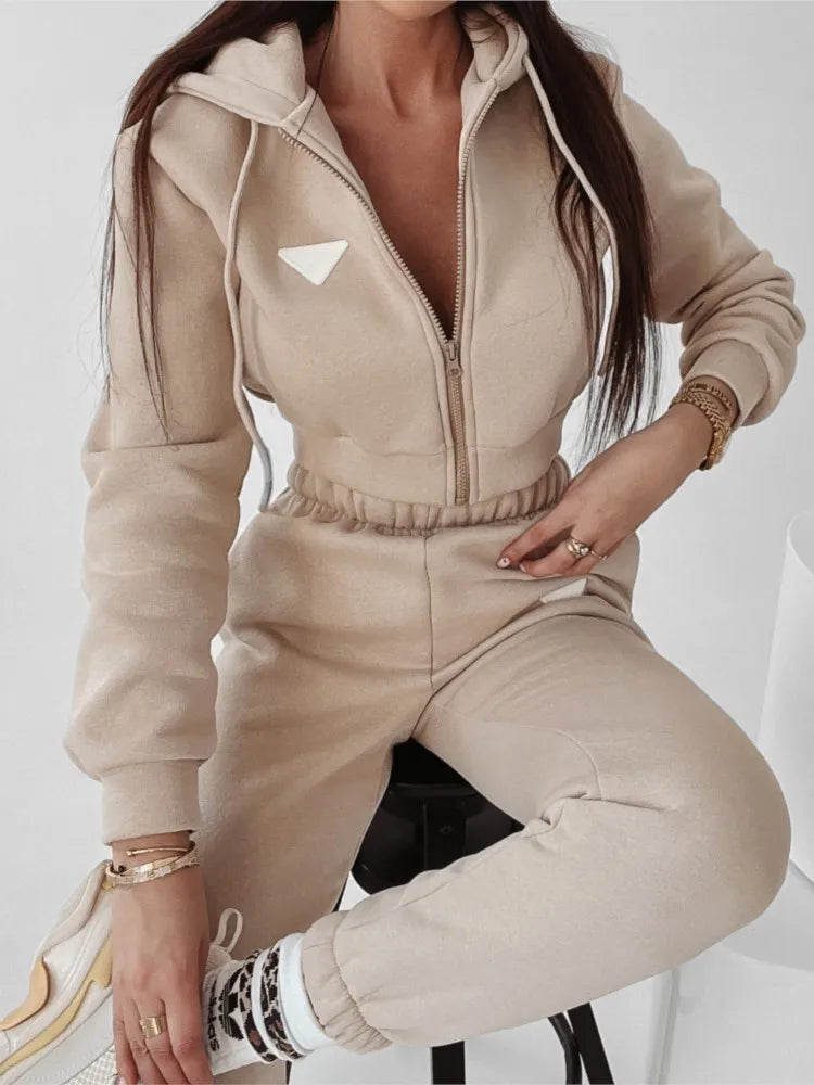 Spring Autumn Solid Color Hooded Pants Women'S 2 Piece Set Fashion Casual Pocket Long Sleeve Hoodie Female Street Wear Set 2025