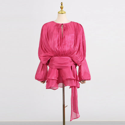 GALCAUR Solide Lose Splicd Lace Up Kleider Für Frauen V-ausschnitt Mit Langen Ärmeln Patchwork Rüschen Tunika Kleider Weibliche Mode Neue