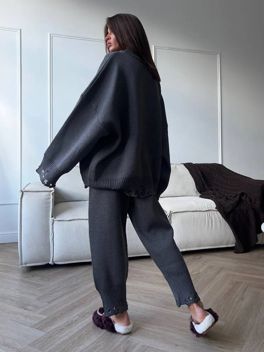 Bornladies Autumn Winter Women's New Turtleneck Knit Sweater Skinny Knit Pants Set Soft Oversized Ripped Hem Fashion Pullover