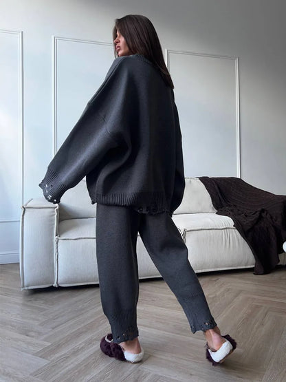 Bornladies Autumn Winter Women's New Turtleneck Knit Sweater Skinny Knit Pants Set Soft Oversized Ripped Hem Fashion Pullover