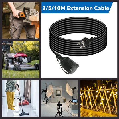 IP44 Waterproof Extension Cord for Outdoor, 3m/5m/10m Schuko Power Cable, 2500W with Seal Cap, Camping Garden Use, white/black.