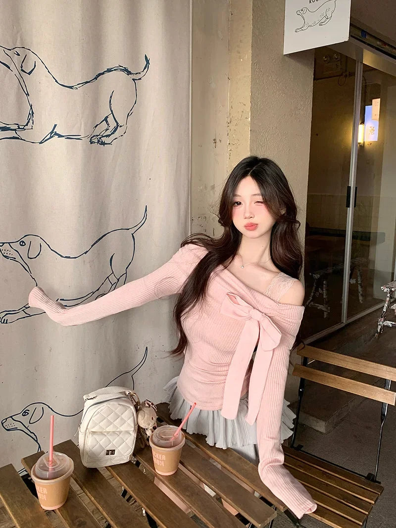 Morning Collar French Style One Shoulder Butterfly Knot Long Sleeve T-Shirt Women's Autumn Winter Slim Fit Inner Wear Top.
