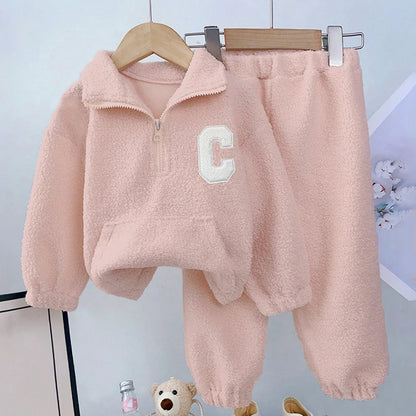 Bear Leader Girls' Set 2023 New Children's Autumn New Lamb Fleece Standing Collar Pullover Top+Pants Two Piece Kids' Fashion Set