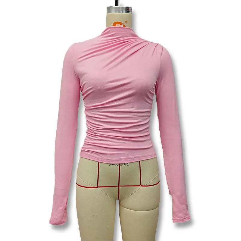 Gtpdpllt Women Tees Sexy Turtleneck Long Sleeve Pleated Basic Women's T-shirts 2025 Spring Autumn Fashion Chic Female Streetwear