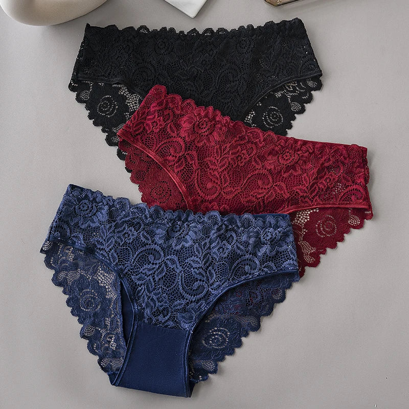 3PCS/Set Luxury Floral Embroidery Lace Panties Women Briefs Sexy Hollow Lingerie Female Underwear Ladies Breathable Underpants.