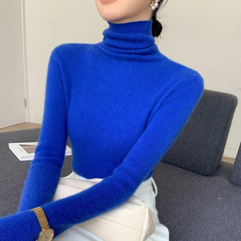 2025 herbst Winter Rollkragen Warme Jumper Lässig Feste Dünne Strickjacke Frauen Langarm Gestrickte Pullover Einfache Basis Schicht Top