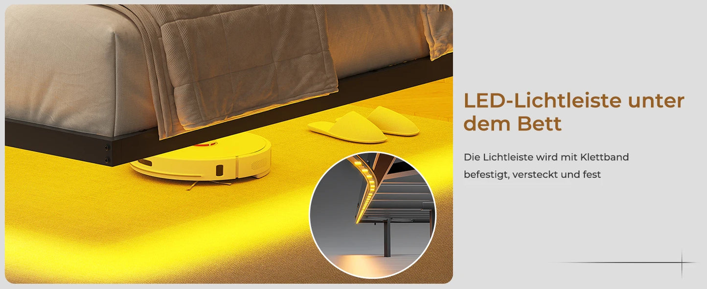 140 x 200 cm großes Polsterbett mit Doppelbettrahmen und LED-Beleuchtung und Ladestation. Kopfteil inklusive schwebendem Bettdesign