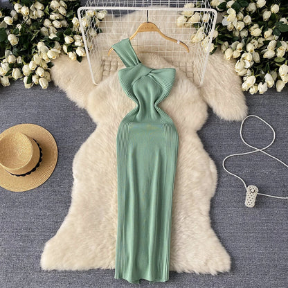 SINGREINY Einzelnen Schulter Tinte Stricken Kleid Backless Tank Gestreiften Schlank Bodycon Sommerkleid Frauen Sommer Beachwear Sexy Chic Vestidos.