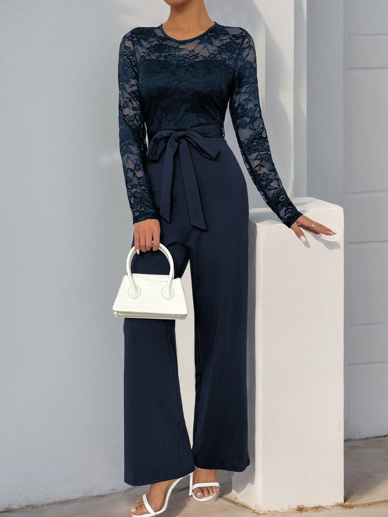 Spring New Women's Sexy Lace Spliced Long Jumpsuit Fashion Solid Color Hollow Long Sleeve Casual Laces Wide Leg Jumpsuit Women.