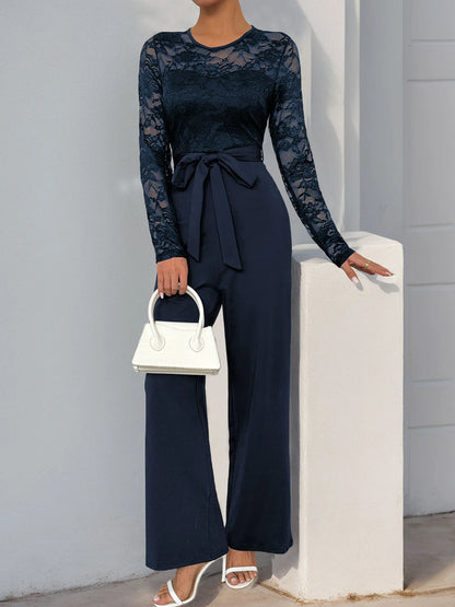 Spring New Women's Sexy Lace Spliced Long Jumpsuit Fashion Solid Color Hollow Long Sleeve Casual Laces Wide Leg Jumpsuit Women.