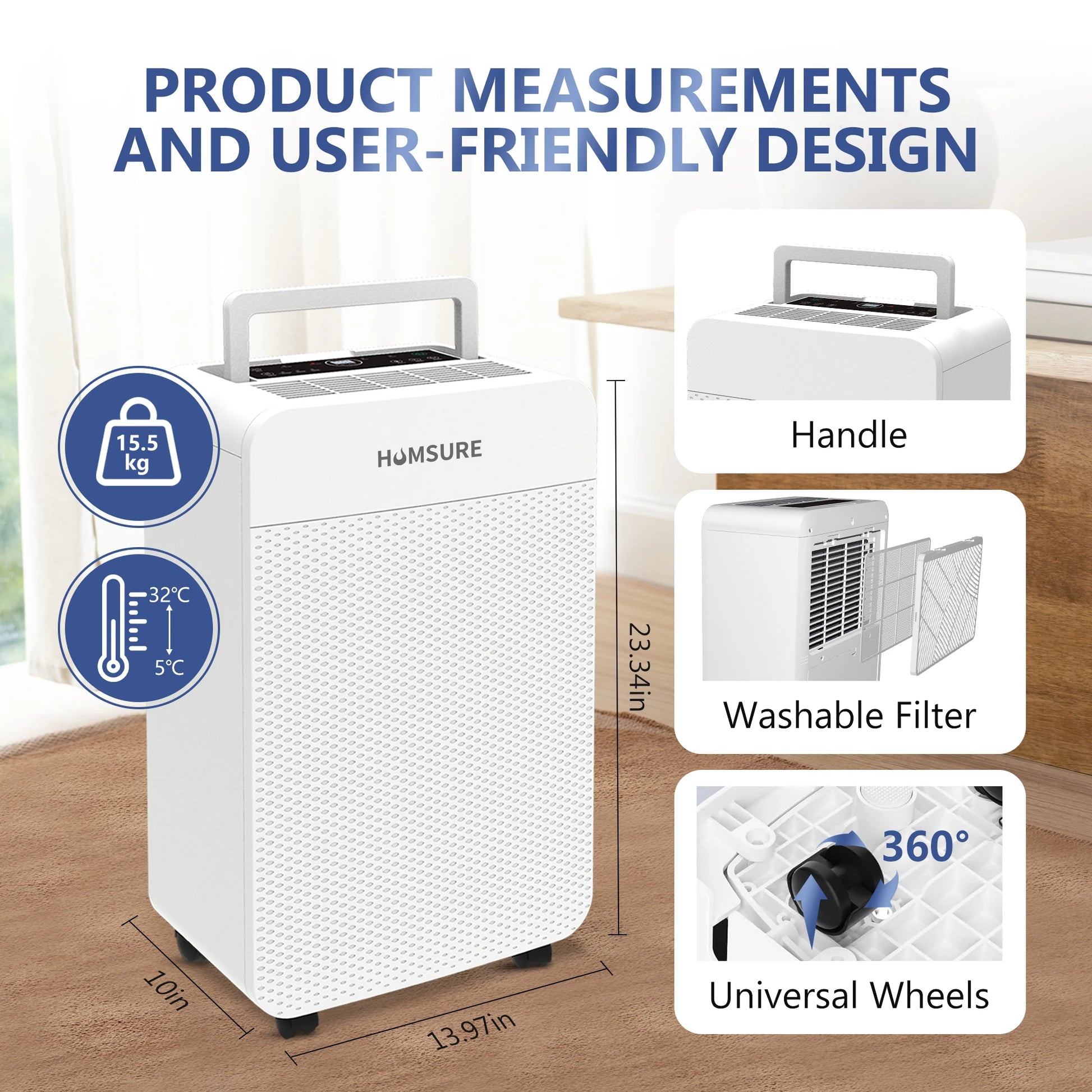 HUMSURE Electric Dehumidifier 25L/24H, Dehumidifier Basement Rooms with 5.5 Litre Water Tank, Timer, Automatic Defrosting.