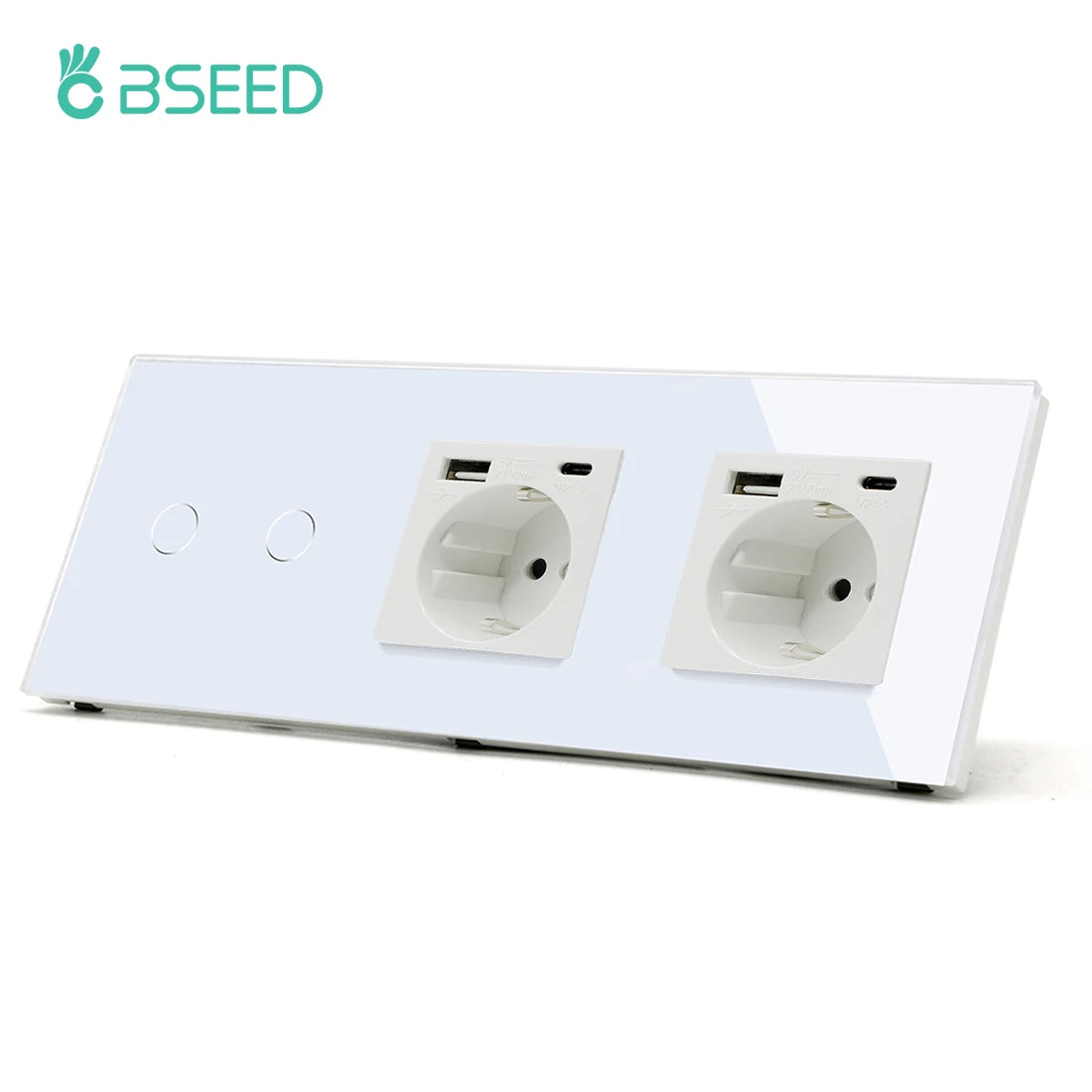 BSEED 1/2/3Gang Touch Licht Schalter 1Way Einfache Sensor Schalter Typ-c USB Steckdosen EU Standard glas Panel Blaue Hintergrundbeleuchtung 10A Weiß
