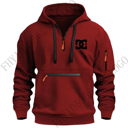 New men's hooded sportswear for autumn and winter 2025, long-sleeved multi-zipper pocket outdoor fishing casual pullover.