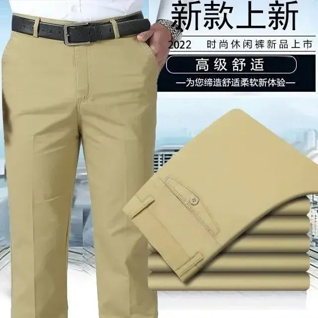 Smart Casual Pure Cotton Anti-Wrinkle High Waist Loose Baggy Straight Thicken Men Spring Autumn Solid Color Mid Casual Pants.
