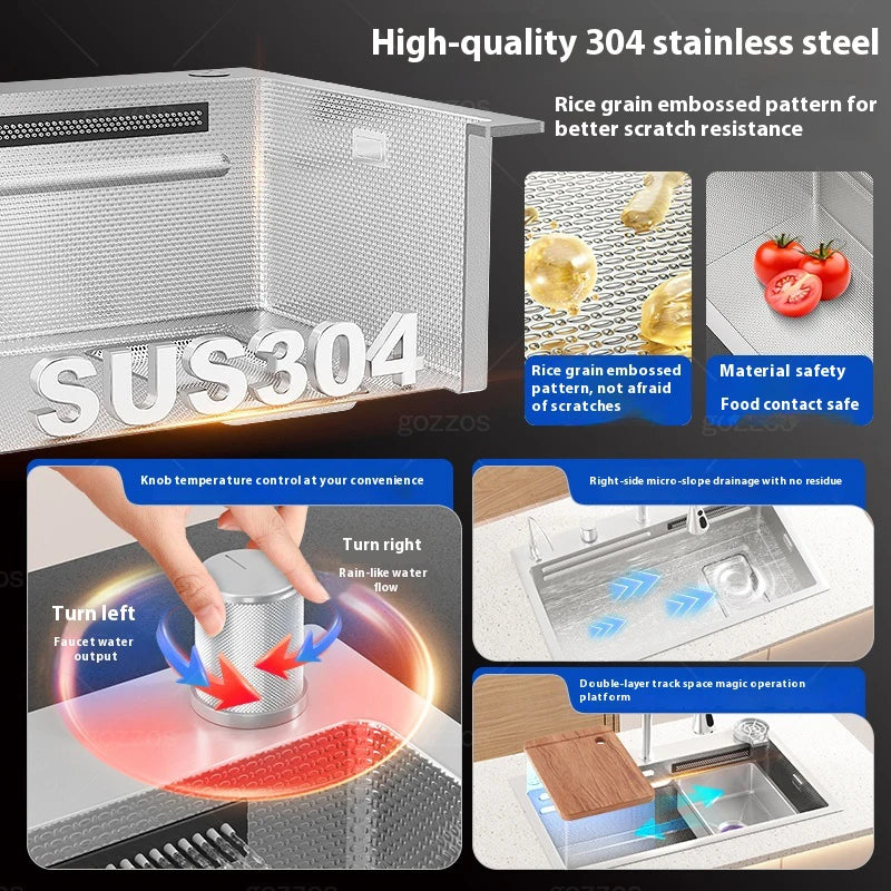Silver 304 Stainless Steel Waterfall Kitchen Sink Multifunctional Scratch and Wear Resistant Large Single Slot Undermount Basin