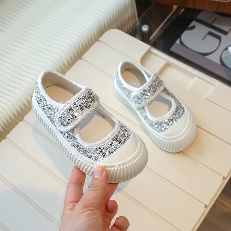 New Girl Princess Canvas Shoes Fashion Luxury Sequins Children Causal Shoes Breathable Kids Glitter Mary Jane Shoes Thick Bottom.
