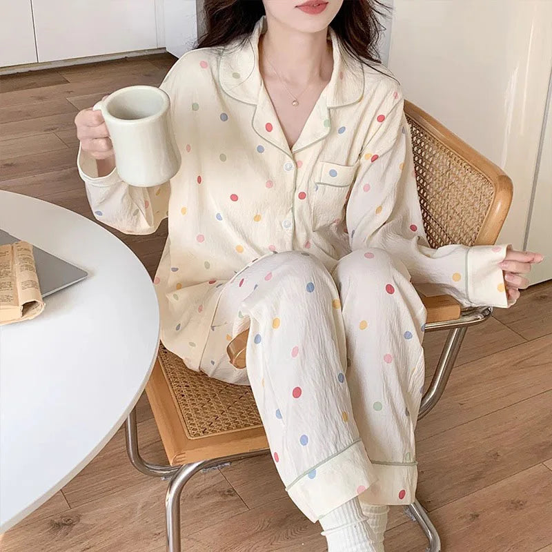 Koreanische Farbige Wavelet Dot Nachtwäsche frauen Herbst Lange Ärmeln Set Kleine Frische Hause Kleidung Lose Internationale Student Pyjama.