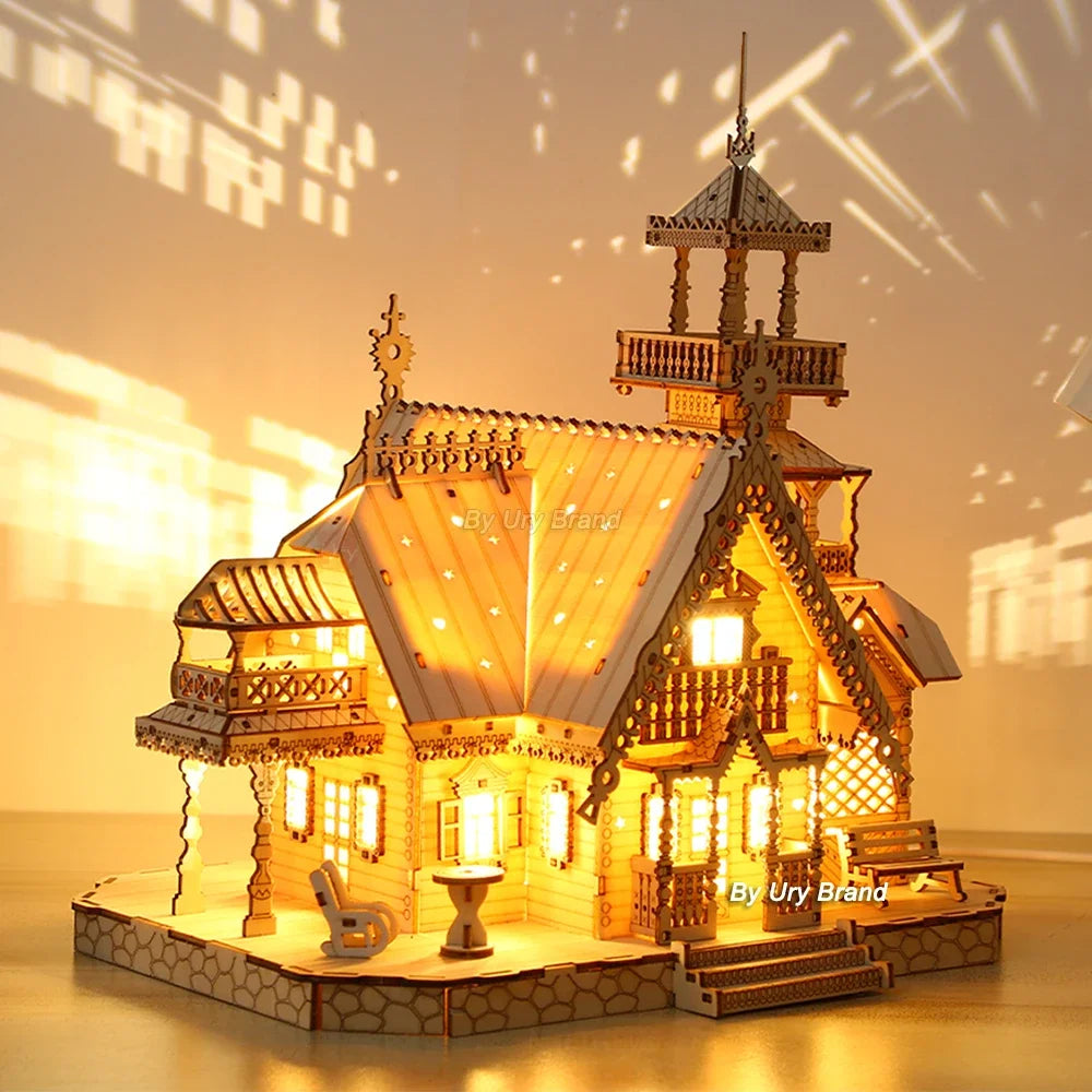 3D Wooden Puzzle Villa House Royal Castle with Light Assembly Toy Kid Adult DIY Model Kits Desk Decoration for Gift.