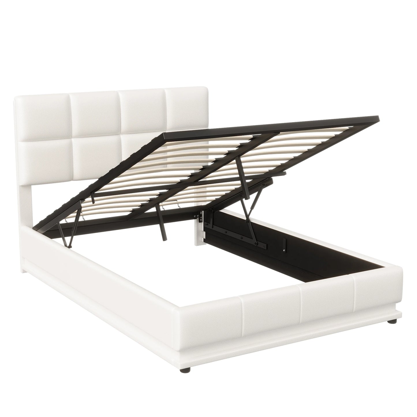 Comanlai Polsterbett 140 x 200 cm mit LED-Leuchten, hydraulisches Bett mit Stauraum, Doppelbett mit Lattenrost, Kunstleder, weiß