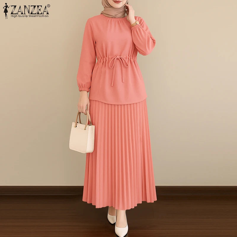 ZANZEA Elegant Women Autumn 2 Piece Sets Muslim Tracksuits Fashion Long Sleeve Tops Pleated Maxi Skirts Suit 2PCS Work Outfits.