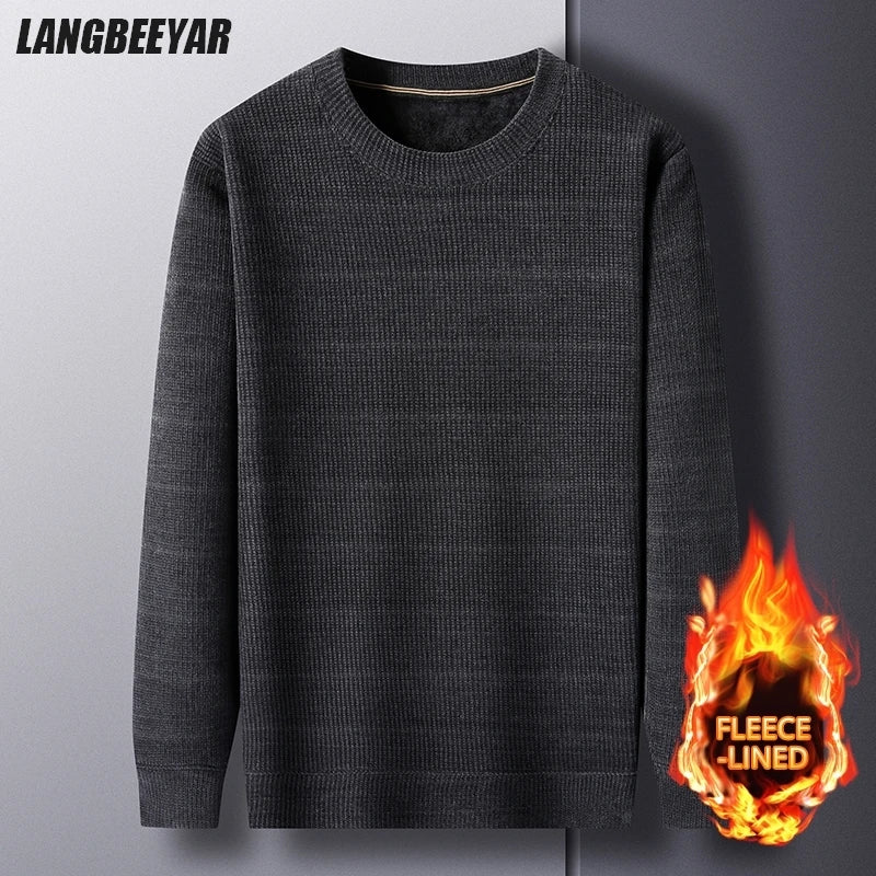 Fleece-Lined Knitted Pullover Sweater Casual Jumper for Men Insulated Warm Long Sleeve Thick Material Round Neck Design.